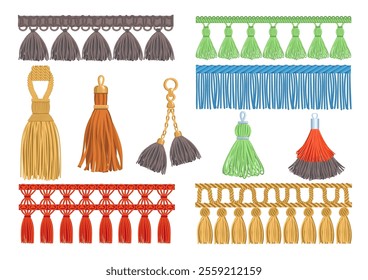 Decorative fringe with tassels. Fabric elements. Sewing accessories. Thread pendants and trinkets for curtain design. Upholstery clothes brushes. Cord embellishment