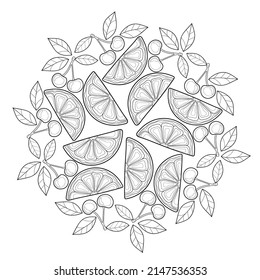 Decorative fruit mandala. Cherries with leaves and orange or lemon slices on a white isolated background. Suit for coloring book