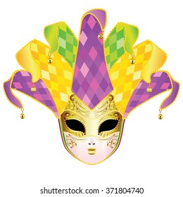 Decorative full face carnival mask with jolly hat.