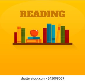Decorative and functional wooden bookshelf interior element flat icon print with books for reading abstract vector illustration