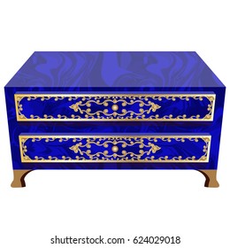 Decorative furniture - cabinet for room or palace interior design. Finished with blue marble or lazuli stone, ornate with gold. Isolated object, vector illustration