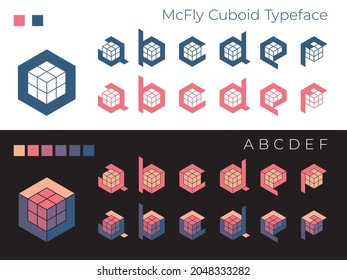 Decorative Futuristic Pseudo 3D Font ‘McFly Cuboid’, Letters A, B, C, D, E, F. Usable For Extraordinary Logo, Poster Design, T-shirt Print, Music Album Cover, Etc., Vector, CMYK.