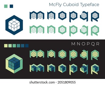 Decorative Futuristic Pseudo 3D Font ‘McFly Cuboid’, Letters M, N, O, P, Q, R. Usable For Extraordinary Logo, Poster Design, T-shirt Print, Music Album Cover, Etc., Vector, CMYK.