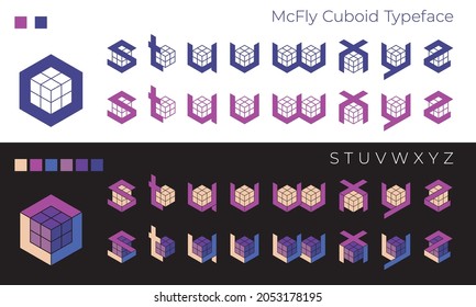 Decorative Futuristic Pseudo 3D Font ‘McFly Cuboid’, Letters S, T, U, V, W, X, Y, Z. Usable For Extraordinary Logo, Poster Design, T-shirt Print, Music Album Cover, Etc., Vector, CMYK.