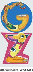 decorative G and Z alphabet letters with abstract and monster theme