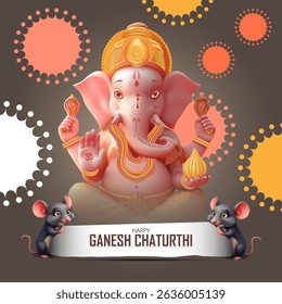 Decorative Ganesh Chaturthi illustration featuring Lord Ganesha modaks and mouse duo with modern colorful circles  perfect for traditional festive themes and creatives