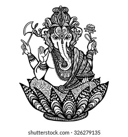 Decorative ganesha hindu god sitting in lotus flower hand drawn vector illustration