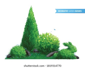 Decorative garden bushes realistic composition in form of flower bed for garden decoration vector illustration