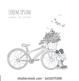 Decorative garden elements. Flowers in bike basket and old boot on white background. Doodle sketch illustration