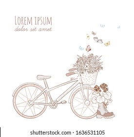 Decorative garden elements. Flowers in bike basket and old boot on white background. Doodle sketch illustration