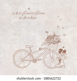 Decorative garden elements. Flowers in bike basket and old boot on vintage background. Doodle sketch illustration.