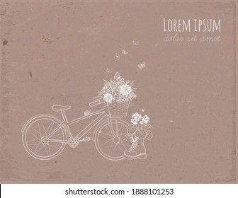 Decorative Garden Elements. Flowers In Bike Basket And Old Boot On Brown Parcel Paper Background. Doodle Sketch Illustration.