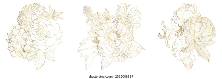 Decorative garden flowers, design elements. Can be used for cards, invitations, banners, posters, print design. Golden floral background in line art style.