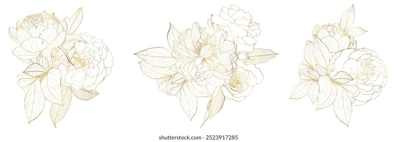 Decorative garden flowers, design elements. Can be used for cards, invitations, banners, posters, print design. Golden floral background in line art style. Peony and roses bouquet.