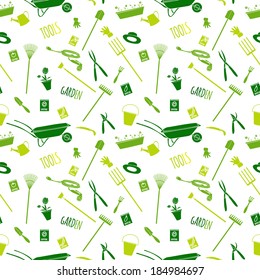 Decorative garden tools seamless wallpaper green on white converted pattern vector illustration