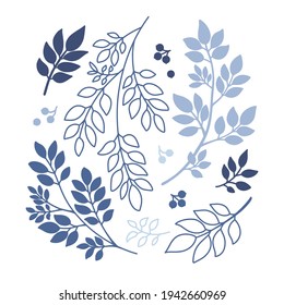 Decorative garden Tree Branch set. Forest Plants, different silhouette Twig, Leaves, Berries. Floral clipart collection, vector elements isolated for design frame, pattern, card, invitation, poster