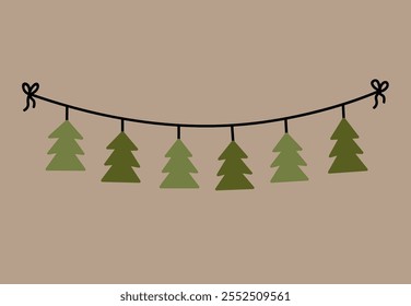 Decorative garland featuring stylized evergreen tree shapes in alternating shades of green. Suitable for season and holiday decorations. Vector hand-drawn illustration in flat style.