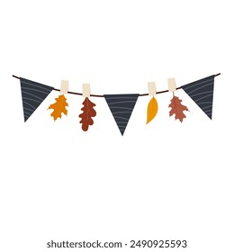 Guirnalda decorativa con banderas y hojas de otoño. Decoración otoñal. Ilustración en estilo plano.