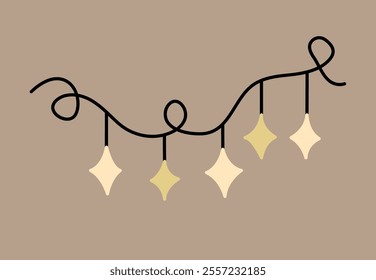 Decorative garland with a looping black string and diamond-shaped ornaments hanging from it. Perfect for holiday or celebratory decor. Vector hand-drawn illustration in flat style.