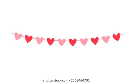 Decorative garland with paper hearts for Valentine's Day celebration isolated on white background.