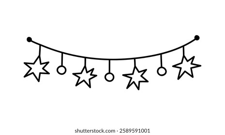 Decorative garland with stars isolated on a white background. Vector hand-drawn illustration in doodle style. Perfect for holiday designs, cards, decorations, logo.