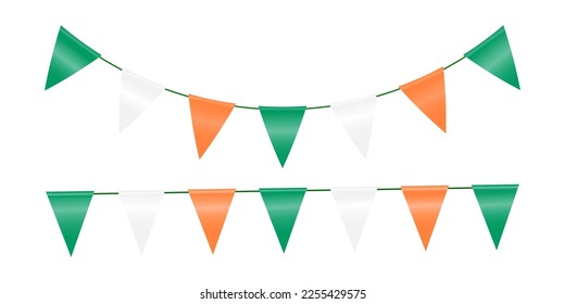 Decorative garland of triangular flags on a rope. Multi-colored flags for decorating holiday, carnival, festival. Festive decor. Vector illustration.