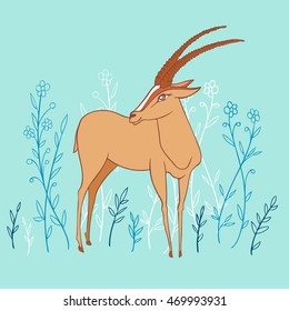 Decorative Gazelle colorful hand drawn vector cartoon doodle animal illustration, standing African safari antelope with curved horns isolated on mint background among flowers, for design greeting card