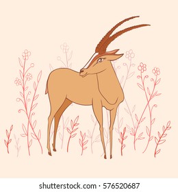 Decorative Gazelle colorful hand drawn vector cartoon wild animal doodle illustration, standing African safari antelope with curved horns isolated on light background among flowers, for design card
