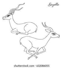 Decorative Gazelle graphic hand drawn vector cartoon doodle animal illustration, running and sitting African safari antelope with curved horns isolated on white background, line art for design card