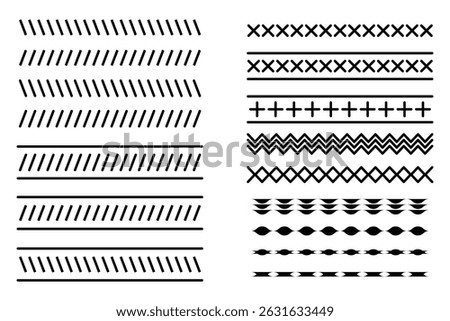 Decorative geometric abstract border line pattern collection with zigzag cross plus symbol seamless vector design set illustration element pack.