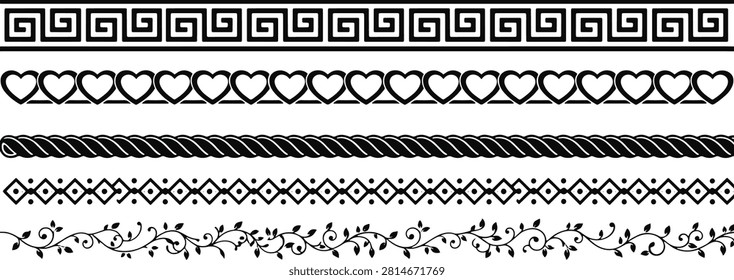 Decorative geometric border patterns vector collection greek key heart rope floral vine divider lines edge layout for frame card design, border, pattern, divider, line, frame, heart, greek, decoration