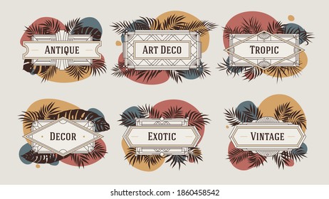 Decorative geometric borders and frames, with abstract shapes in terracotta color and tropical leaves, vintage art deco style, vector template	
