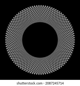 Decorative geometric circle white pattern on black background. Round frame. Vector art.