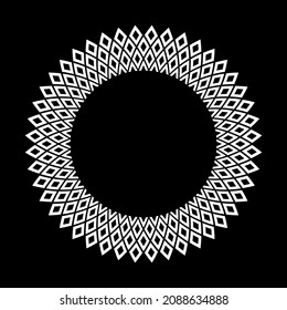 Patrón blanco de círculo geométrico decorativo sobre fondo negro. Marco redondo. Arte vectorial.