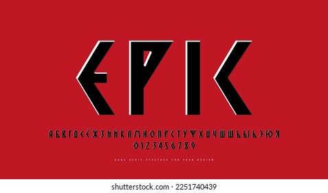 Decorative geometric cyrillic sans serif font in viking style. Bold face. Letters and numbers for logo and emblem design