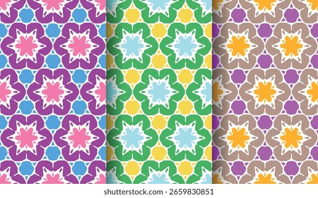 Dekorative geometrische florale nahtlose Muster mit lebendigen Farben, perfekt für Hintergründe und Oberflächendesign.
