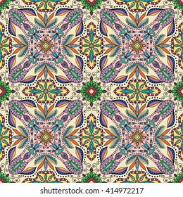 Decorative geometric floral seamless pattern, coloring book page.  Hand drawn doodle sketchy background, bandanna shawl, carpet design. Decoration pattern colorful seamless texture vector illustration