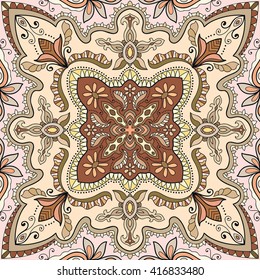 Decorative geometric floral seamless pattern, coloring book page.  Hand drawn doodle sketchy background, bandanna shawl, carpet design. Decoration pattern colorful seamless texture vector illustration