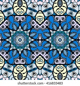 Decorative geometric floral seamless pattern.  Hand drawn doodle sketchy background, bandanna shawl, carpet design. Decoration pattern, colorful seamless texture, vector illustration