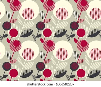 Decorative geometric flower vector illustration in retro colors. red and gray vintage palette seamless pattern.