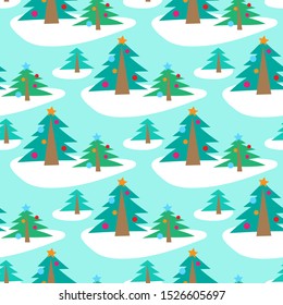 Decorative geometric forest Christmas tree vector seamless pattern. Green background.