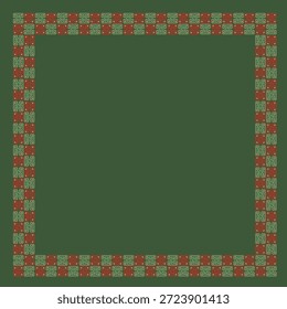 Marco geométrico decorativo con patrón de nudo celta en tonos verdes y rojos sobre un fondo sólido. Elegante diseño de borde ornamental ideal para invitaciones, Plantillas, diseños festivos y temas culturales.