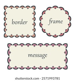 Decorative geometric frame set. Square, circle, rectangle shapes background. Pink tones color palette, black line contour, white text space, modern graphic, vintage style. Cute vector illustration