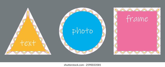 Decorative geometric frame set. Square, circle, triangle shapes background. Zigzag unique green yellow pink color stripe line, holiday modern graphic, vintage 70s style clip. Cute vector illustration