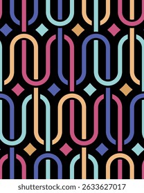 Decorative geometric grid composed of multicolored interlaced wavy lines on a black background in a contemporary retro style. Seamless repeating pattern. Abstract vector illustration.