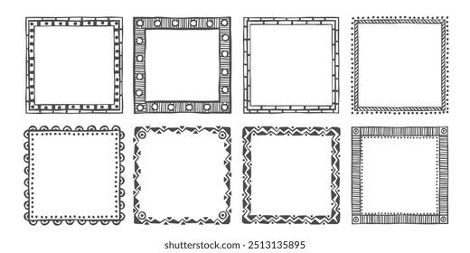 Marcos de doodle geométricos decorativos dibujados a mano. Marcos étnicos de Formas geométricas. Boho, Elementos escandinavos. Conjunto de Vector aislado