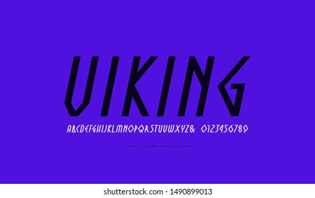 Decorative geometric italic sans serif font. Letters and numbers for logo and emblem design. Print on violet background