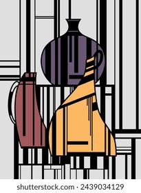 Decorative geometric jugs. Abstract modern shapes. Art object. Abstract painting for interior.