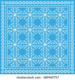 Decorative geometric line background, square pattern with lace frame, tribal ethnic ornament. Bandanna shawl fabric print, silk neck scarf or kerchief design, vector illustration.