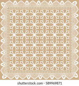 Decorative geometric line background, square pattern with lace frame, tribal ethnic ornament. Bandanna shawl fabric print, silk neck scarf or kerchief design, vector illustration.